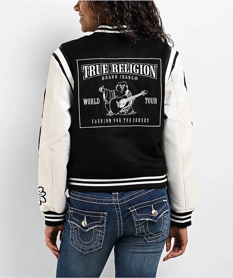 True Religion Black & Cream Embroidered Varsity Jacket