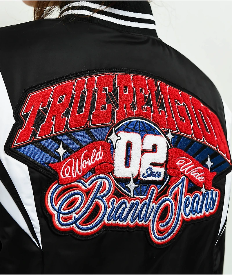 True Religion Black Satin Varsity Bomber Jacket