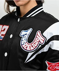 True Religion Black Satin Varsity Bomber Jacket