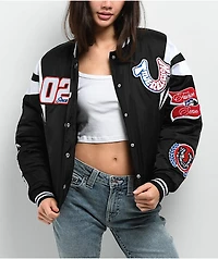 True Religion Black Satin Varsity Bomber Jacket