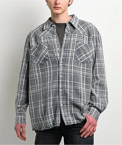 True Religion Bleached Horseshoe Plaid Cobalt Wash Flannel Shirt