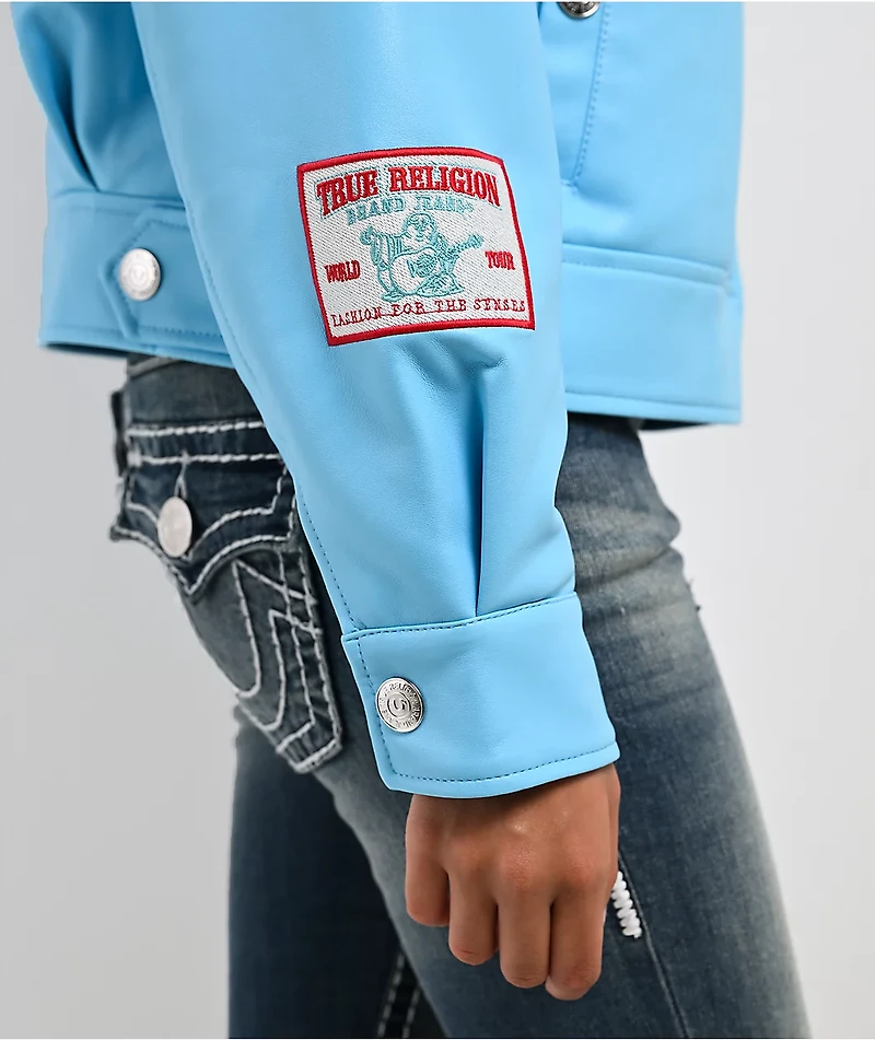 True Religion Blue Patent Leather Varsity Jacket