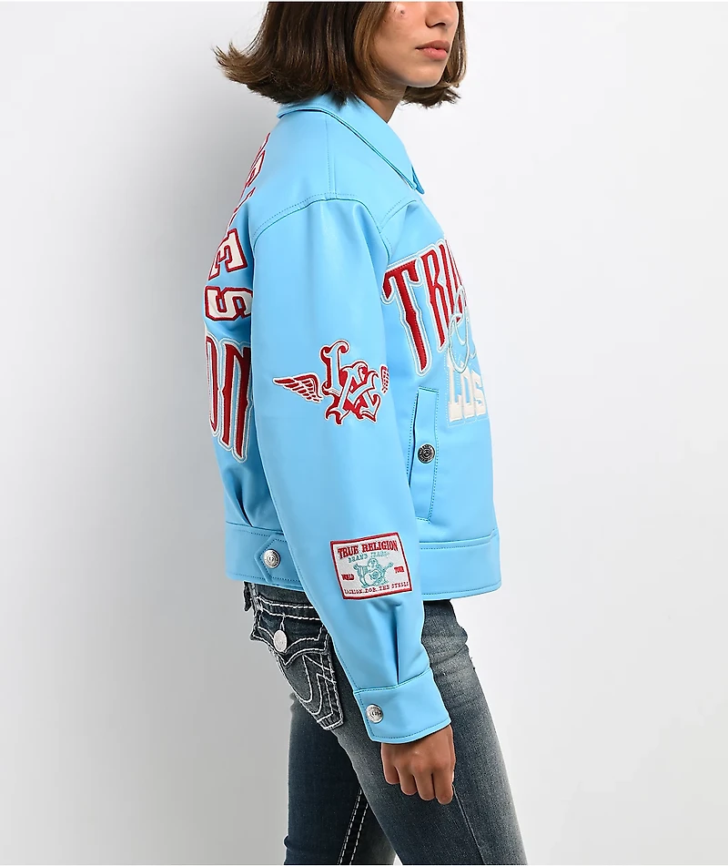 True Religion Blue Patent Leather Varsity Jacket