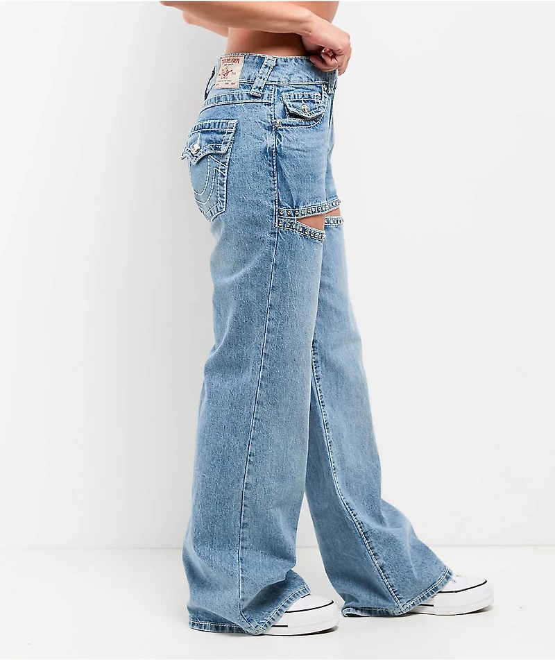 True Religion Bobbi Crystal Cutout Big T Blue Baggy Jeans