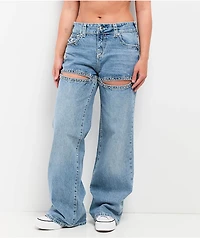 True Religion Bobbi Crystal Cutout Big T Blue Baggy Jeans