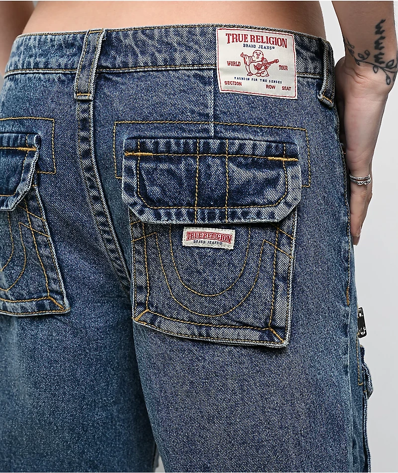 True Religion Bobbi Easy Hazel Wash Baggy Cargo Denim Shorts