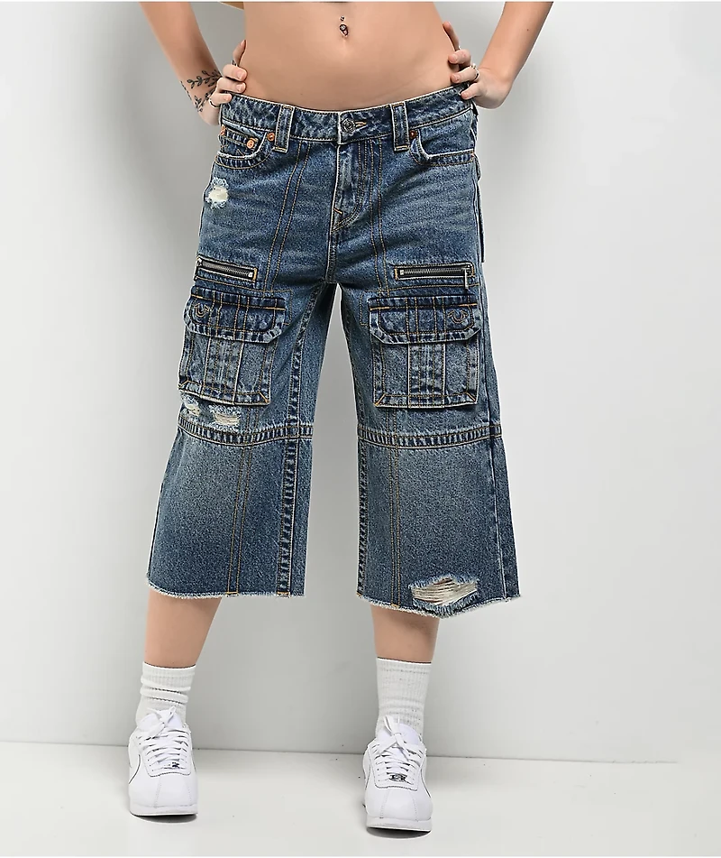 True Religion Bobbi Easy Hazel Wash Baggy Cargo Denim Shorts
