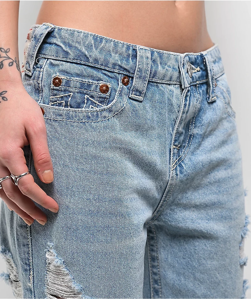 True Religion Bobbi Super Distressed Aqua Marine Mid Rise Baggy Jeans