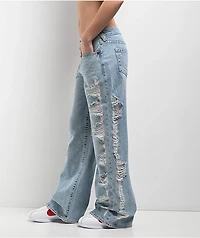 True Religion Bobbi Super Distressed Aqua Marine Mid Rise Baggy Jeans