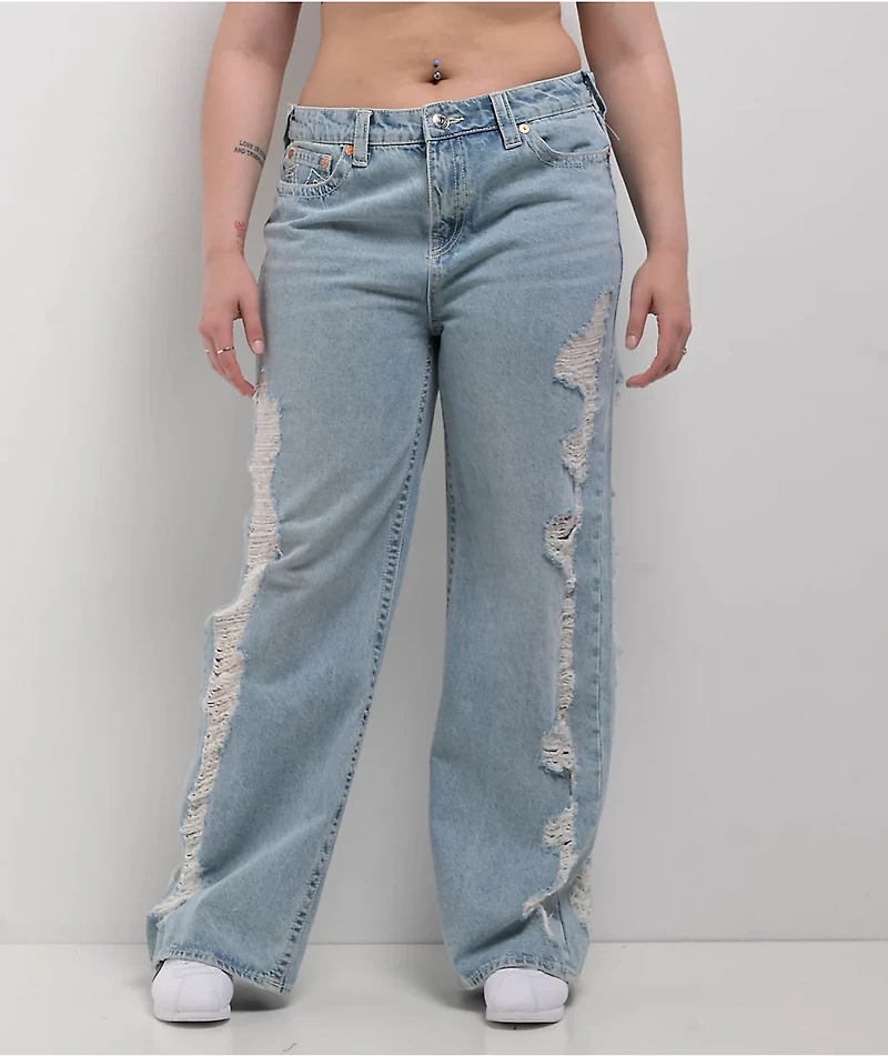True Religion Bobbi Super Distressed Aqua Marine Mid Rise Baggy Jeans