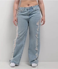 True Religion Bobbi Super Distressed Aqua Marine Mid Rise Baggy Jeans