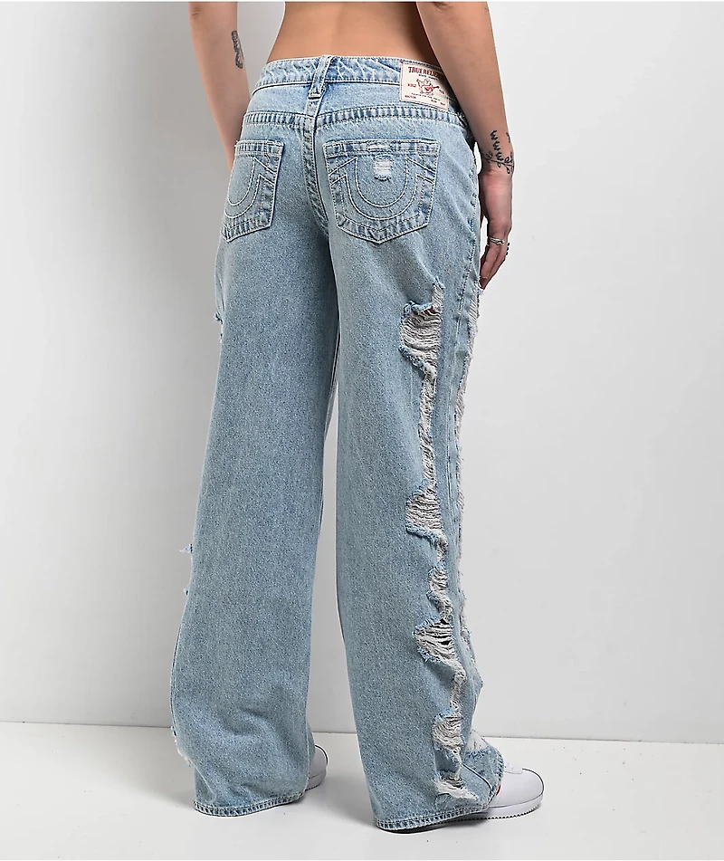 True Religion Bobbi Super Distressed Aqua Marine Mid Rise Baggy Jeans