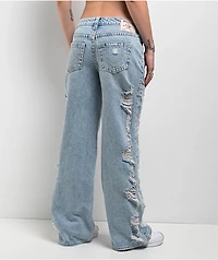 True Religion Bobbi Super Distressed Aqua Marine Mid Rise Baggy Jeans