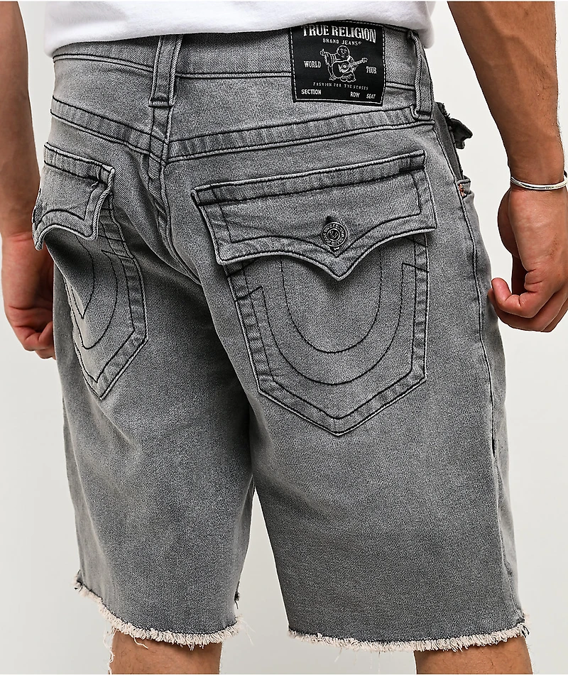 True Religion Bobby Frayed Hem Flap Grey Wash Baggy Shorts