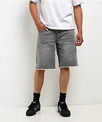 True Religion Bobby Frayed Hem Flap Grey Wash Baggy Shorts