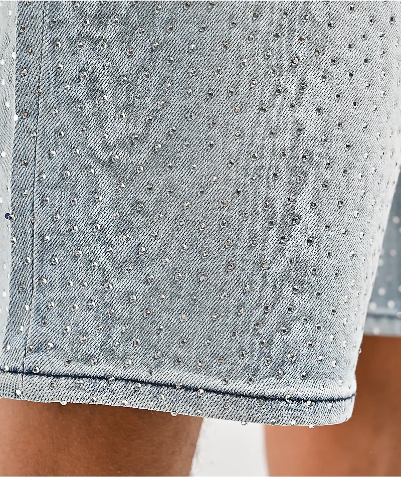 True Religion Bobby Rhinestone Blue Wash Baggy Shorts