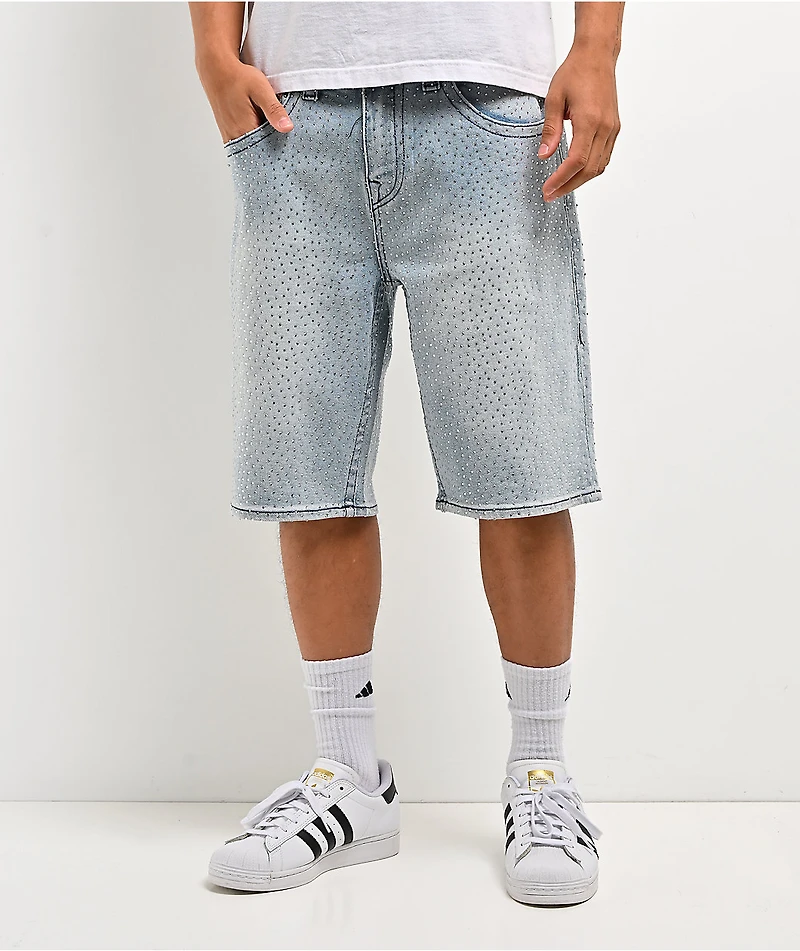True Religion Bobby Rhinestone Blue Wash Baggy Shorts