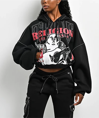 True Religion Buddha Black Contrast Stitch Crop Hoodie