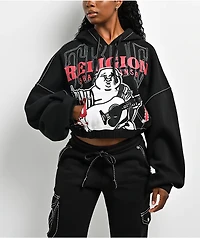 True Religion Buddha Black Contrast Stitch Crop Hoodie