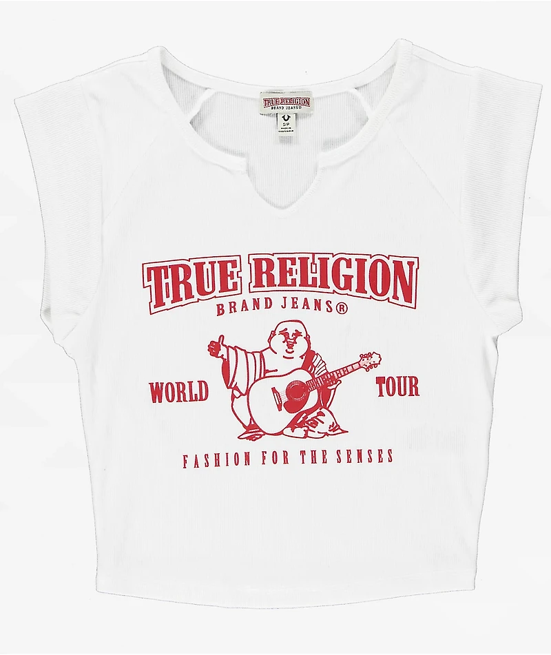 True Religion Buddha Logo Notch Rib White Crop T-Shirt