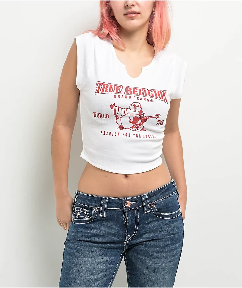 True Religion Buddha Logo Notch Rib White Crop T-Shirt