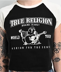 True Religion Buddha Logo Ringer Raglan Black Crop T-Shirt