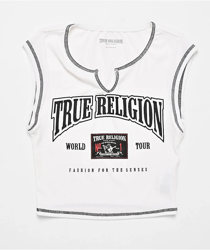 True Religion Buddha Patch V Notch White Crop T-Shirt