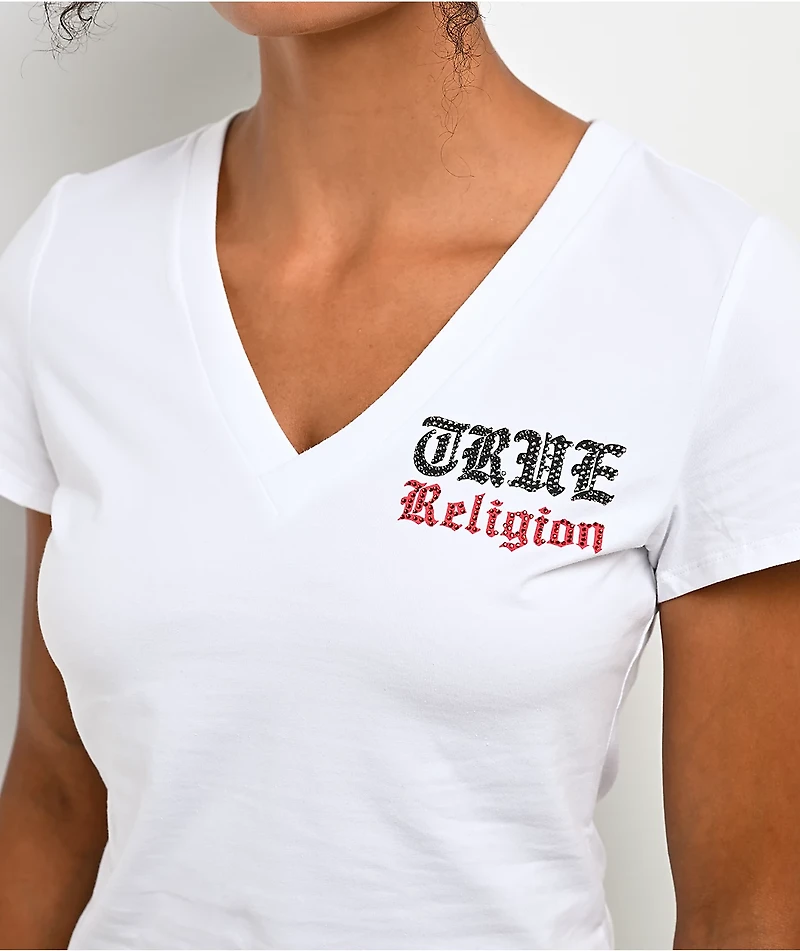 True Religion Buddha Rhinestone White V-Neck T-Shirt
