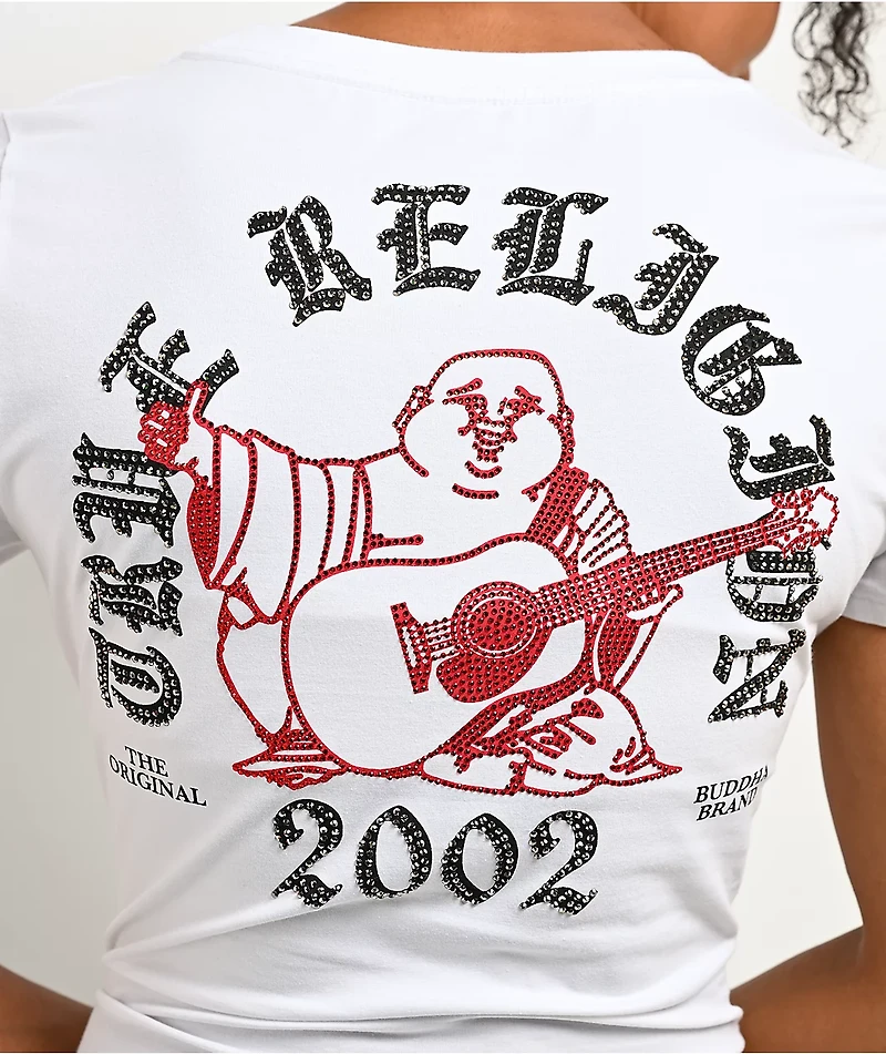 True Religion Buddha Rhinestone White V-Neck T-Shirt