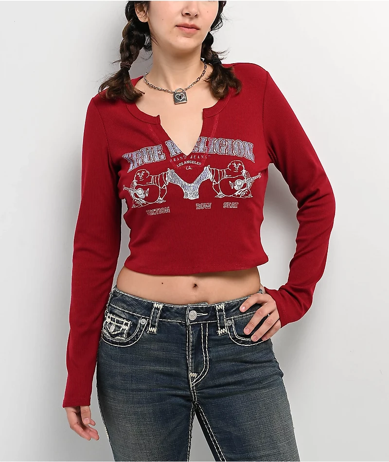 True Religion Buddha V Notch Biking Red Long Sleeve Crop T-Shirt