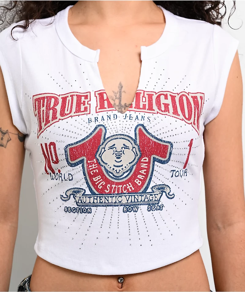 True Religion Buddha V Notch White Crop T-Shirt