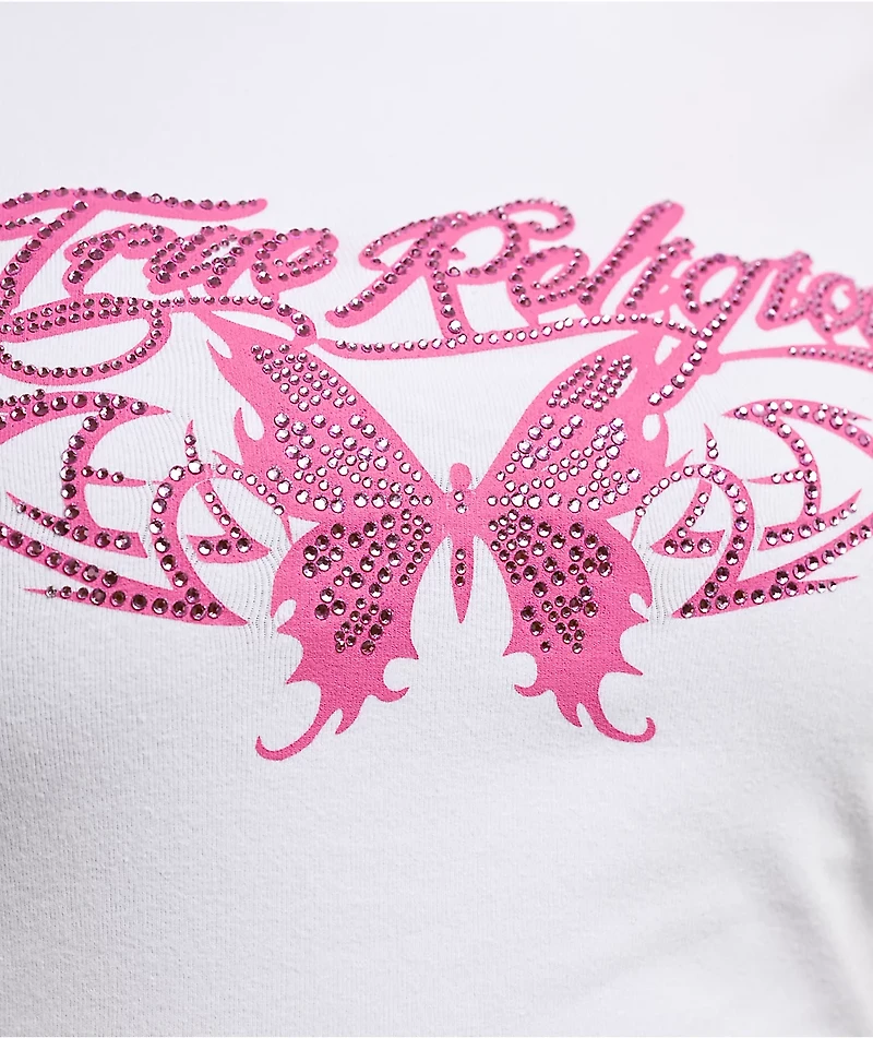 True Religion Butterfly Ruched White Crop T-Shirt