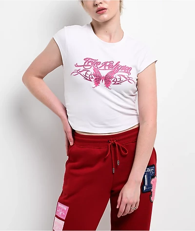 True Religion Butterfly Ruched White Crop T-Shirt