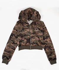 True Religion Camo Velour Shrunken Green Crop Zip Hoodie