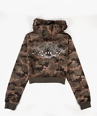 True Religion Camo Velour Shrunken Green Crop Zip Hoodie