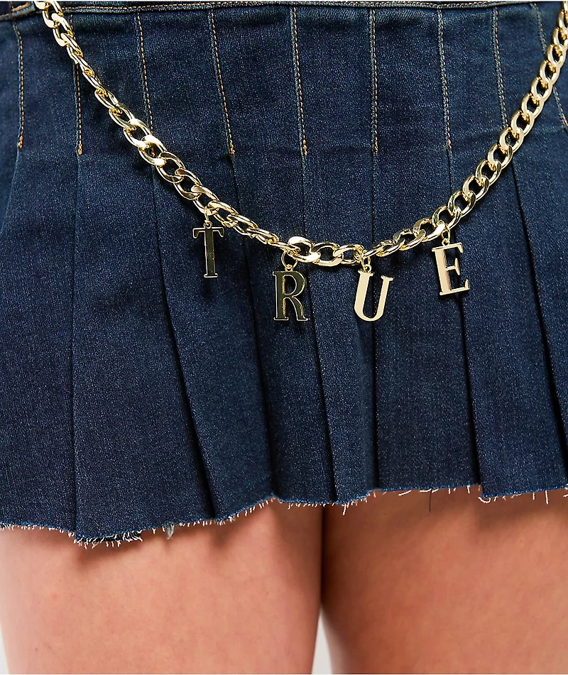 True Religion Chain Belt Dark Blue Pleated Mini Skirt