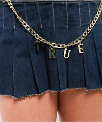 True Religion Chain Belt Dark Blue Pleated Mini Skirt