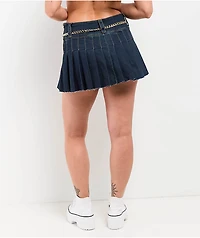 True Religion Chain Belt Dark Blue Pleated Mini Skirt