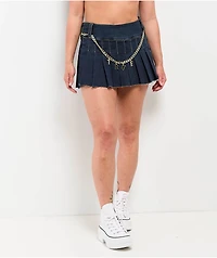 True Religion Chain Belt Dark Blue Pleated Mini Skirt