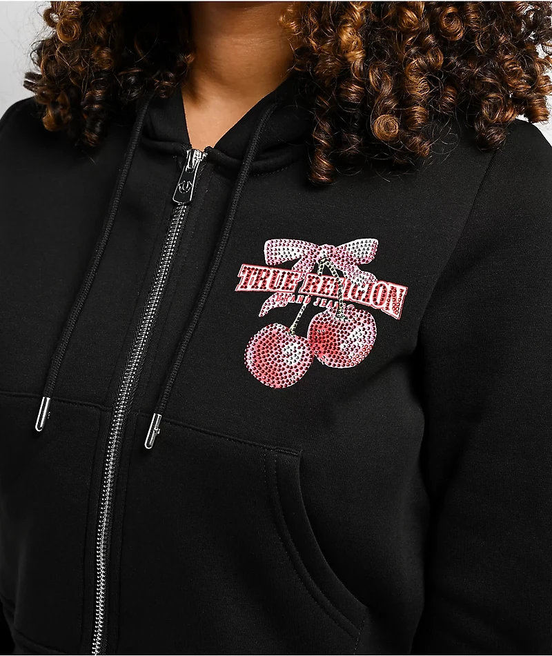 True Religion Cherry Shrunken Black Crop Zip Hoodie