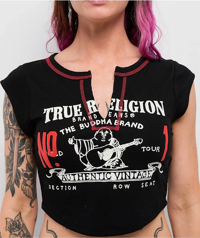 True Religion Contrast Buddha V Notch Black Crop T-Shirt
