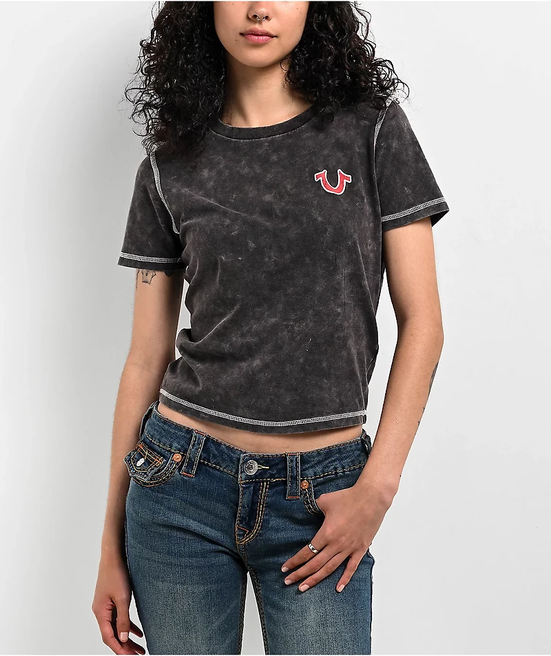 True Religion Contrast Stitch Black Wash Crop T-Shirt