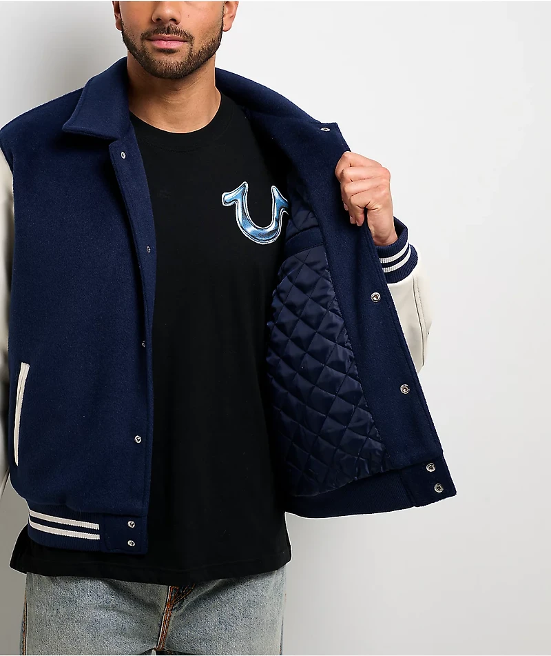 True Religion Crest Wool Nation Navy Blue Varsity Jacket