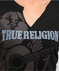 True Religion Crystal Buddha Logo Black Notch Rib Crop T-Shirt