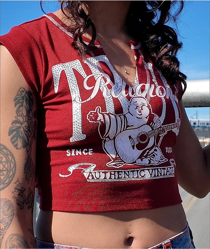 True Religion Crystal Buddha Notch Rib Crop T-Shirt
