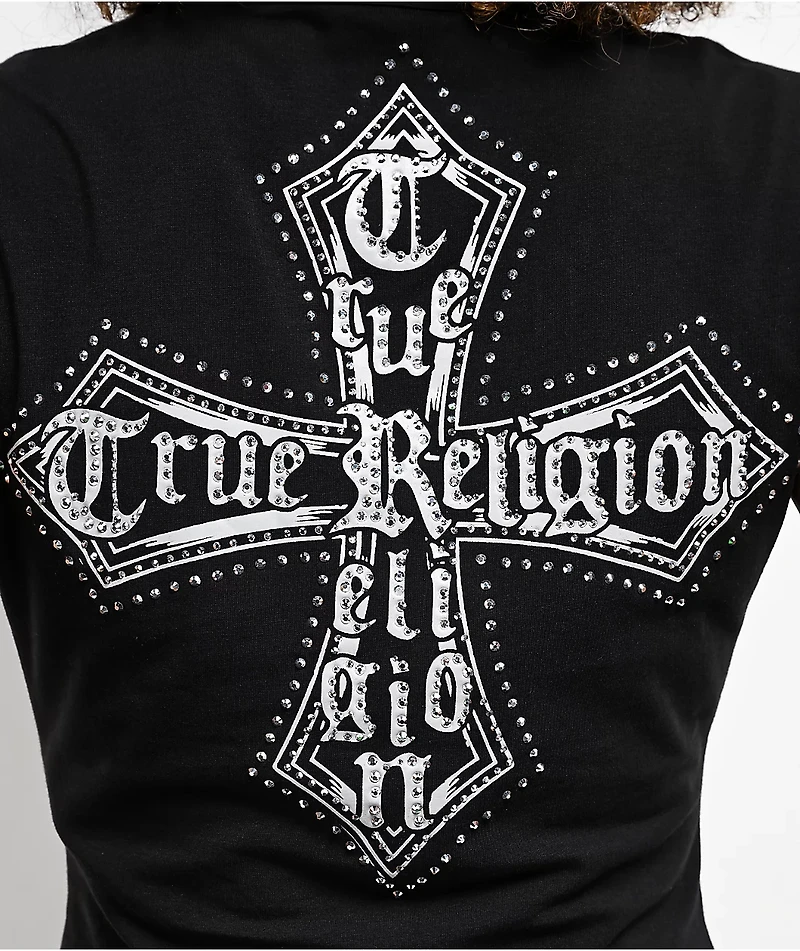 True Religion Crystal Cross Black Notch Crop T-Shirt