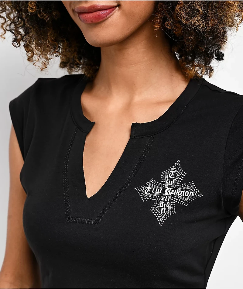 True Religion Crystal Cross Black Notch Crop T-Shirt