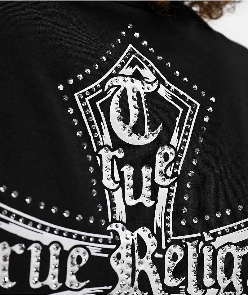 True Religion Crystal Cross Black Notch Crop T-Shirt