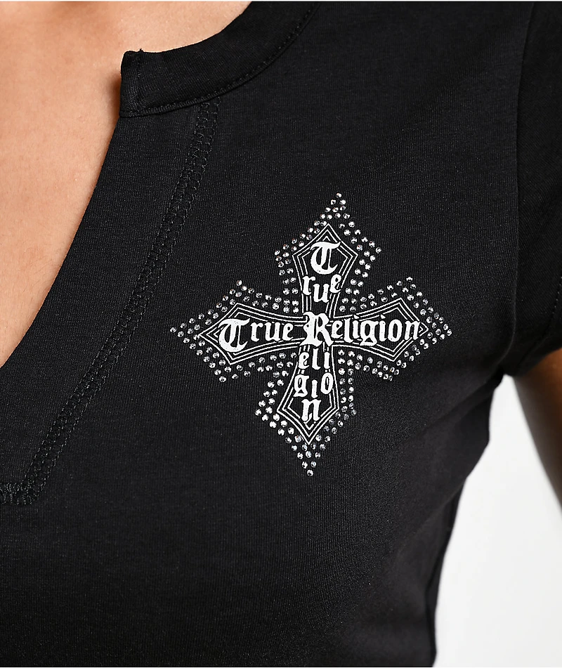 True Religion Crystal Cross Black Notch Crop T-Shirt