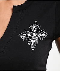 True Religion Crystal Cross Black Notch Crop T-Shirt